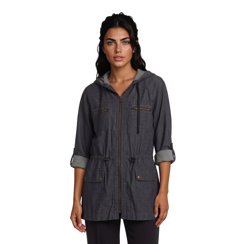 Vintage Elliott Lauren Utility Jacket Womens Size Small Gray Cotton Linen Hood